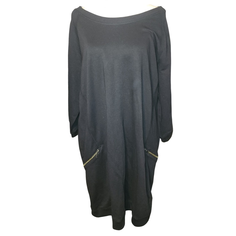 Ellos Black Long Sleeve Zip Pocket Tunic Dress Size L  Cotton Blend Minimalist